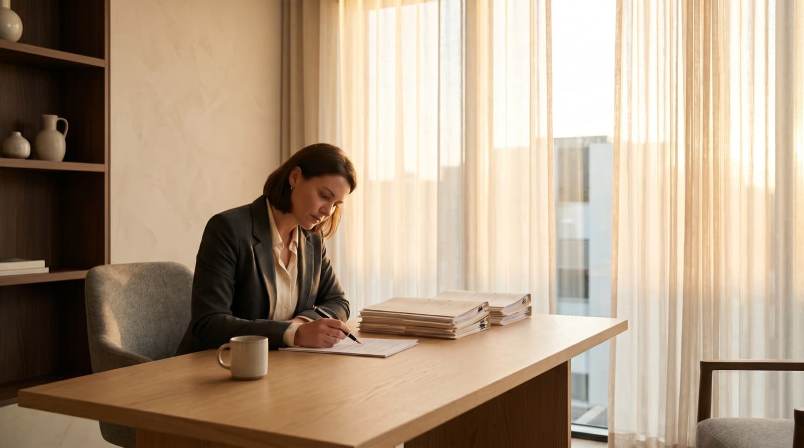 A lawyer drafting at a calm Nordic desk — concept for the Jarel Editor